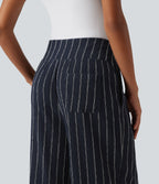 High Waisted Curved Hem Stripe Casual Trousers with Pockets — Navy Dual Stripe — view 4