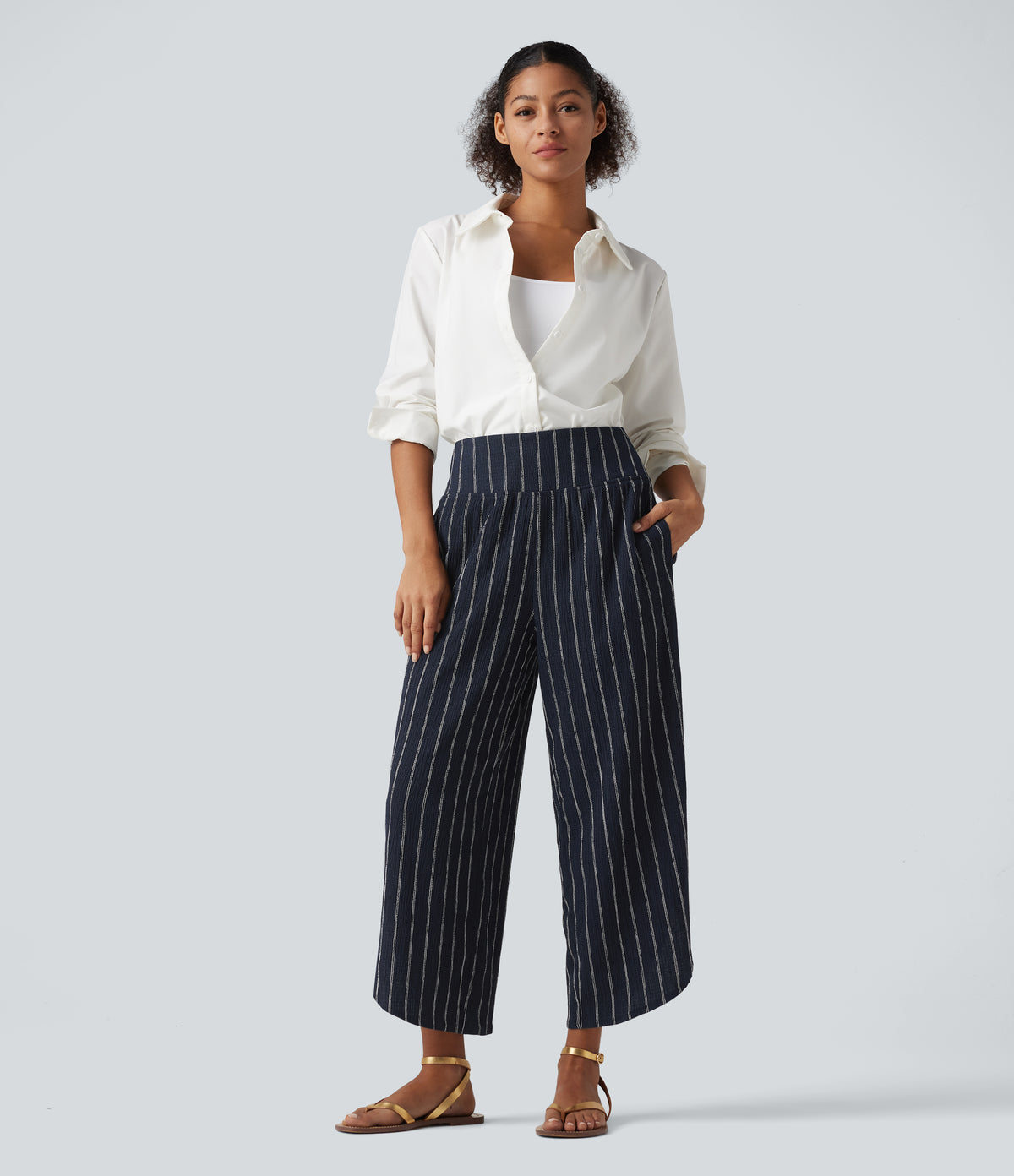 High Waisted Curved Hem Stripe Casual Trousers with Pockets — Navy Dual Stripe — view 8