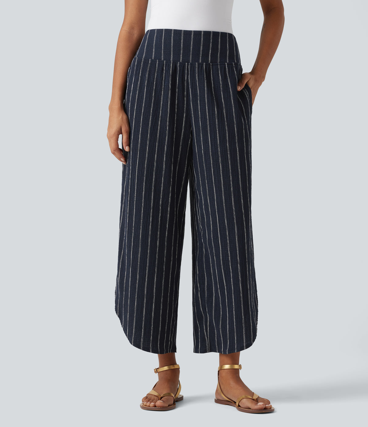 High Waisted Curved Hem Stripe Casual Trousers with Pockets — Navy Dual Stripe — view 1