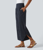 High Waisted Curved Hem Stripe Casual Trousers with Pockets — Navy Dual Stripe — view 3