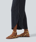 High Waisted Curved Hem Stripe Casual Trousers with Pockets — Navy Dual Stripe — view 6