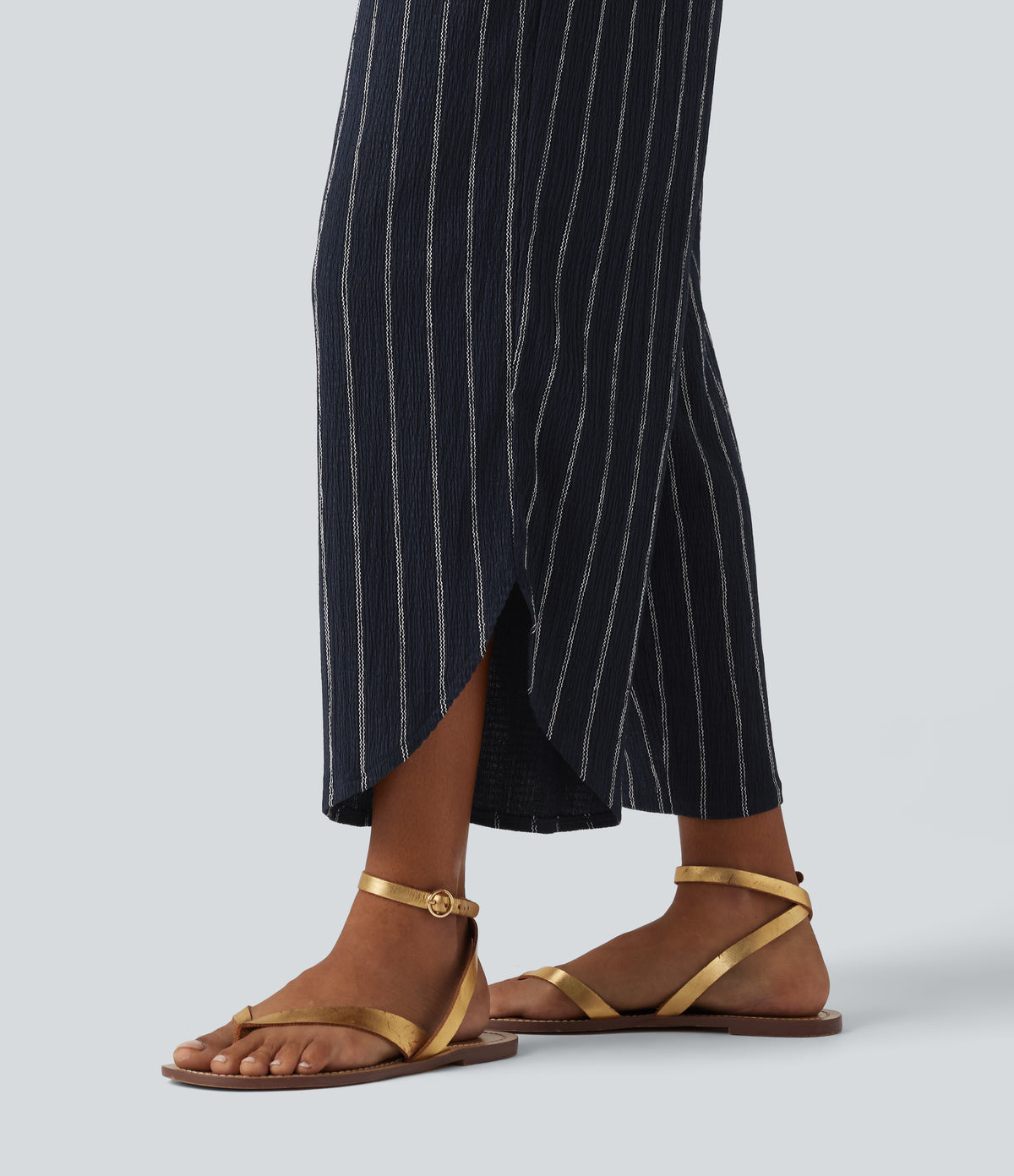 High Waisted Curved Hem Stripe Casual Trousers with Pockets — Navy Dual Stripe — view 6