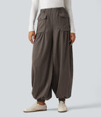 High Waisted Ruched Stacked Baggy Casual Linen-Feel Joggers with Pockets — Dark Earthy Brown — view 3