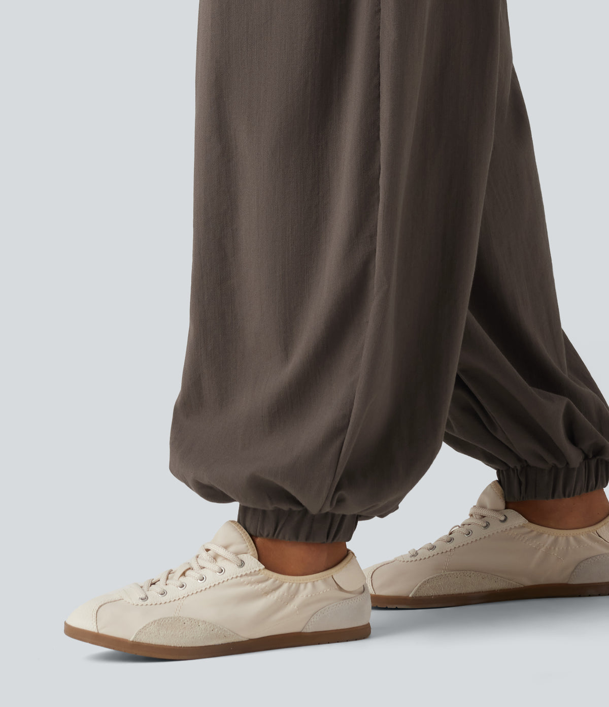 High Waisted Ruched Stacked Baggy Casual Linen-Feel Joggers with Pockets — Dark Earthy Brown — view 5
