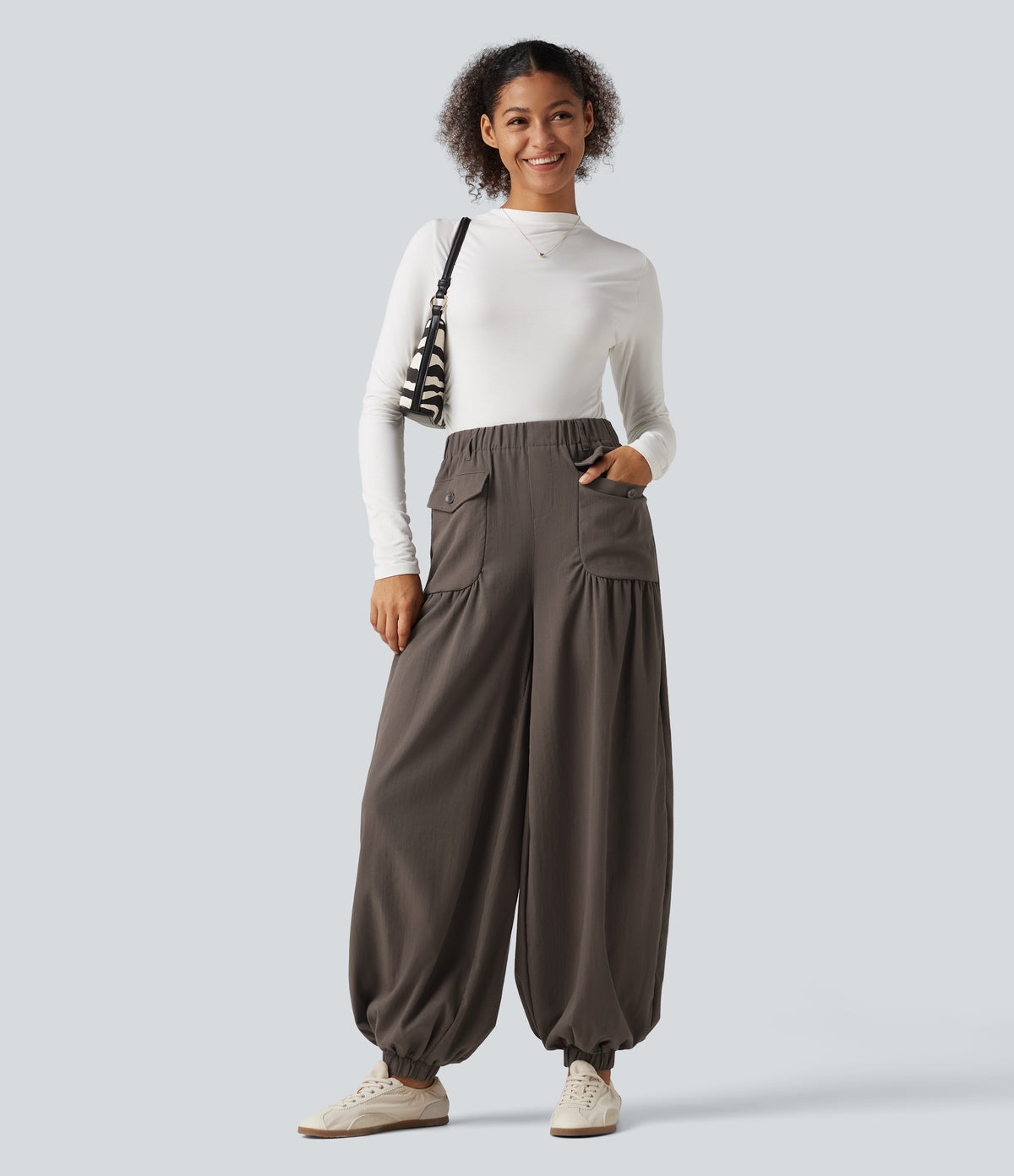 High Waisted Ruched Stacked Baggy Casual Linen-Feel Joggers with Pockets — Dark Earthy Brown — view 7