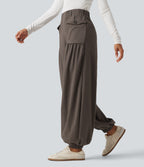High Waisted Ruched Stacked Baggy Casual Linen-Feel Joggers with Pockets — Dark Earthy Brown — view 1