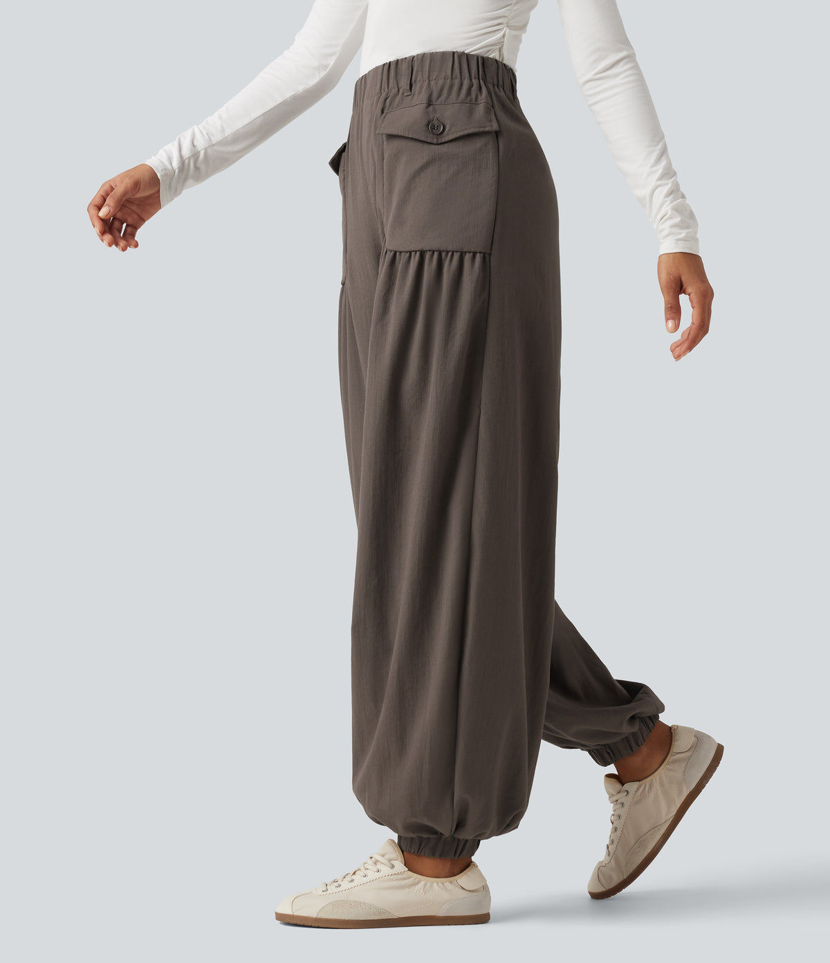 High Waisted Ruched Stacked Baggy Casual Linen-Feel Joggers with Pockets — Dark Earthy Brown — view 1
