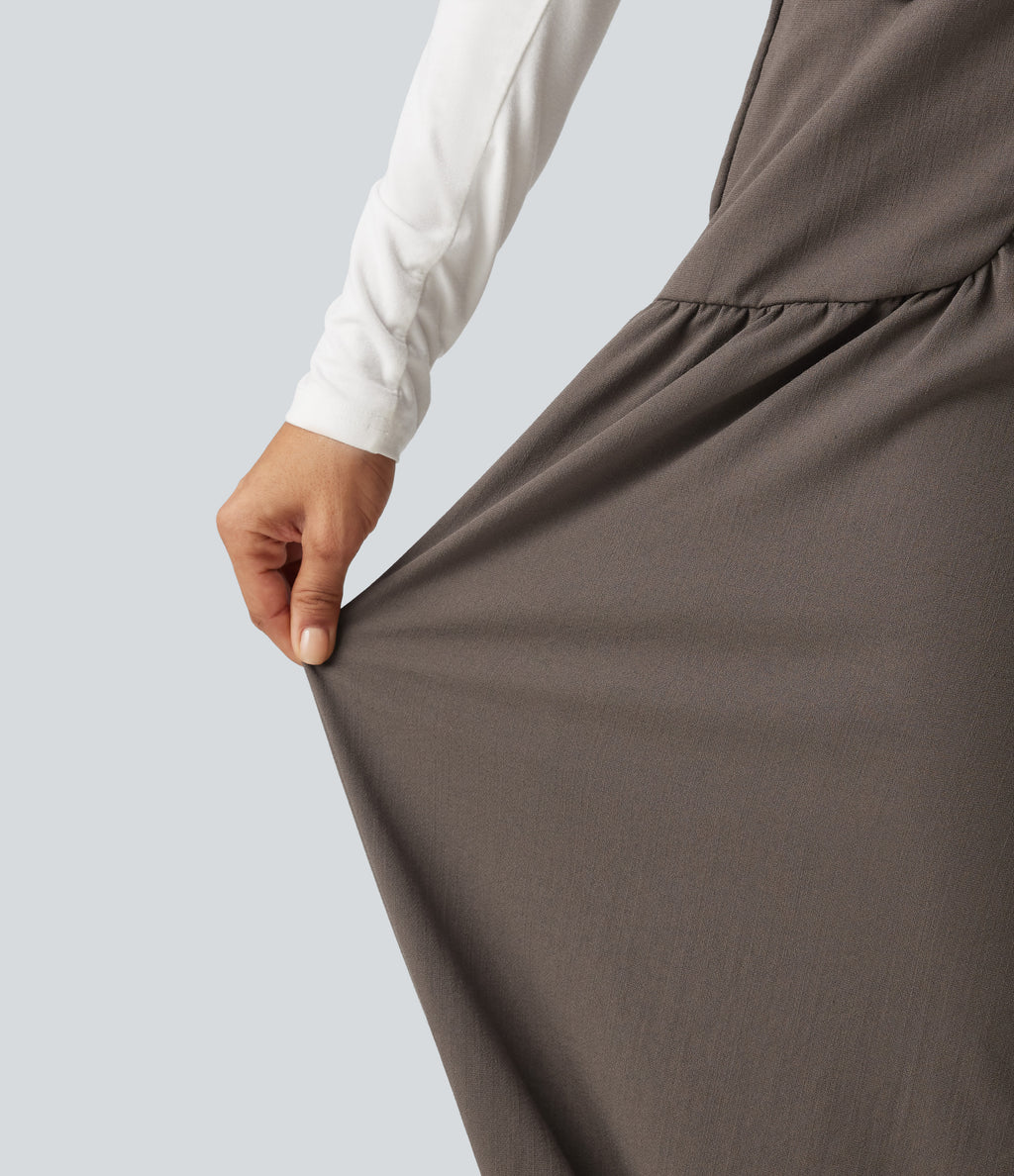 High Waisted Ruched Stacked Baggy Casual Linen-Feel Joggers with Pockets — Dark Earthy Brown — view 6