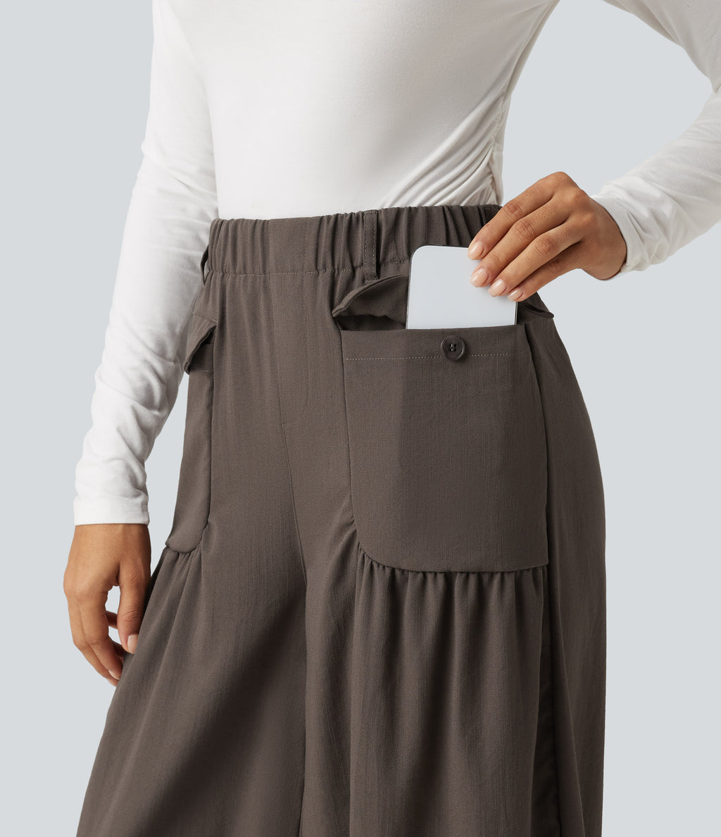 High Waisted Ruched Stacked Baggy Casual Linen-Feel Joggers with Pockets — Dark Earthy Brown — view 4