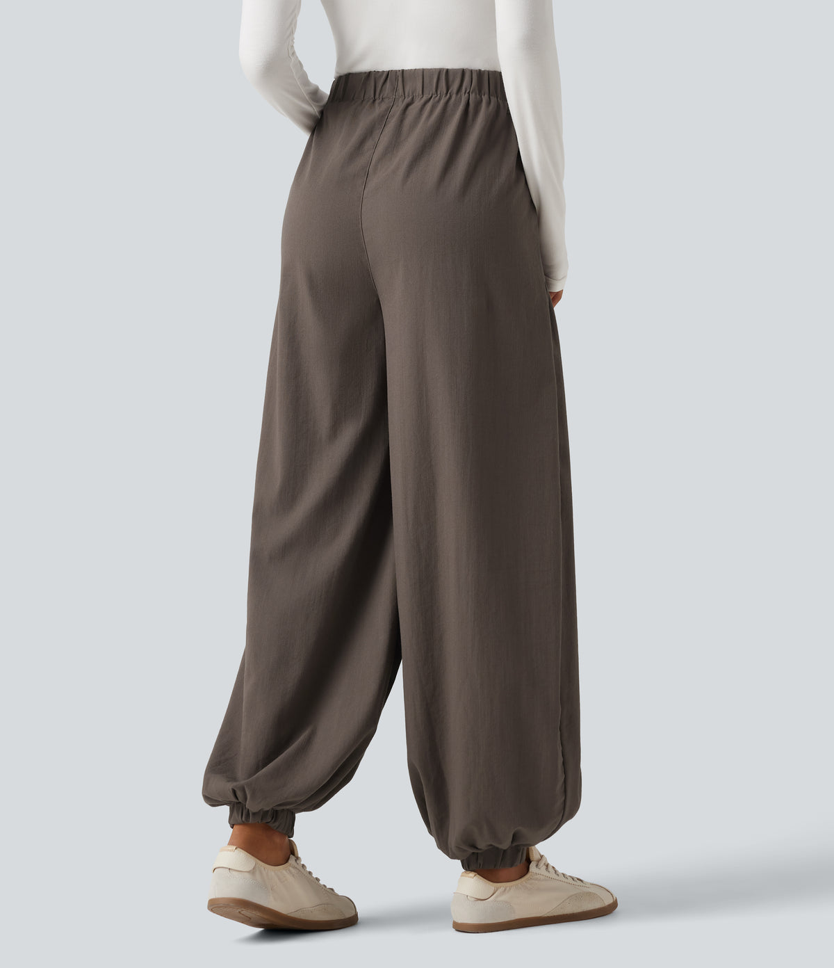 High Waisted Ruched Stacked Baggy Casual Linen-Feel Joggers with Pockets — Dark Earthy Brown — view 2