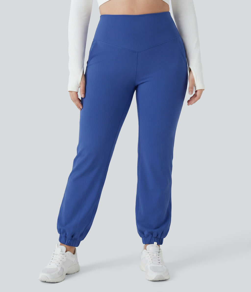 Plus Size High Waisted Tummy Control Dance Balloon Joggers with Pockets — Beaucoup Blue — view 3