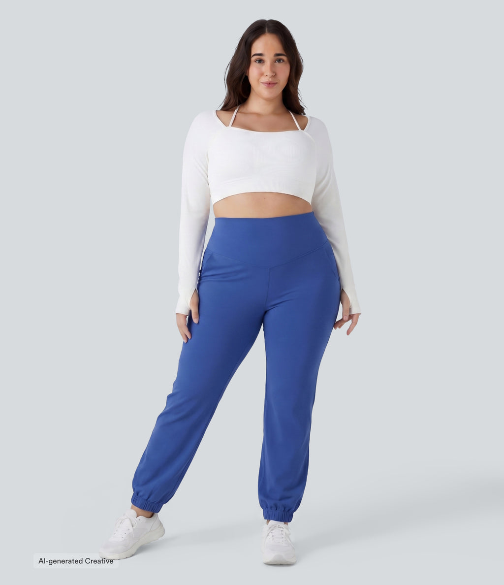 Plus Size High Waisted Tummy Control Dance Balloon Joggers with Pockets — Beaucoup Blue — view 6
