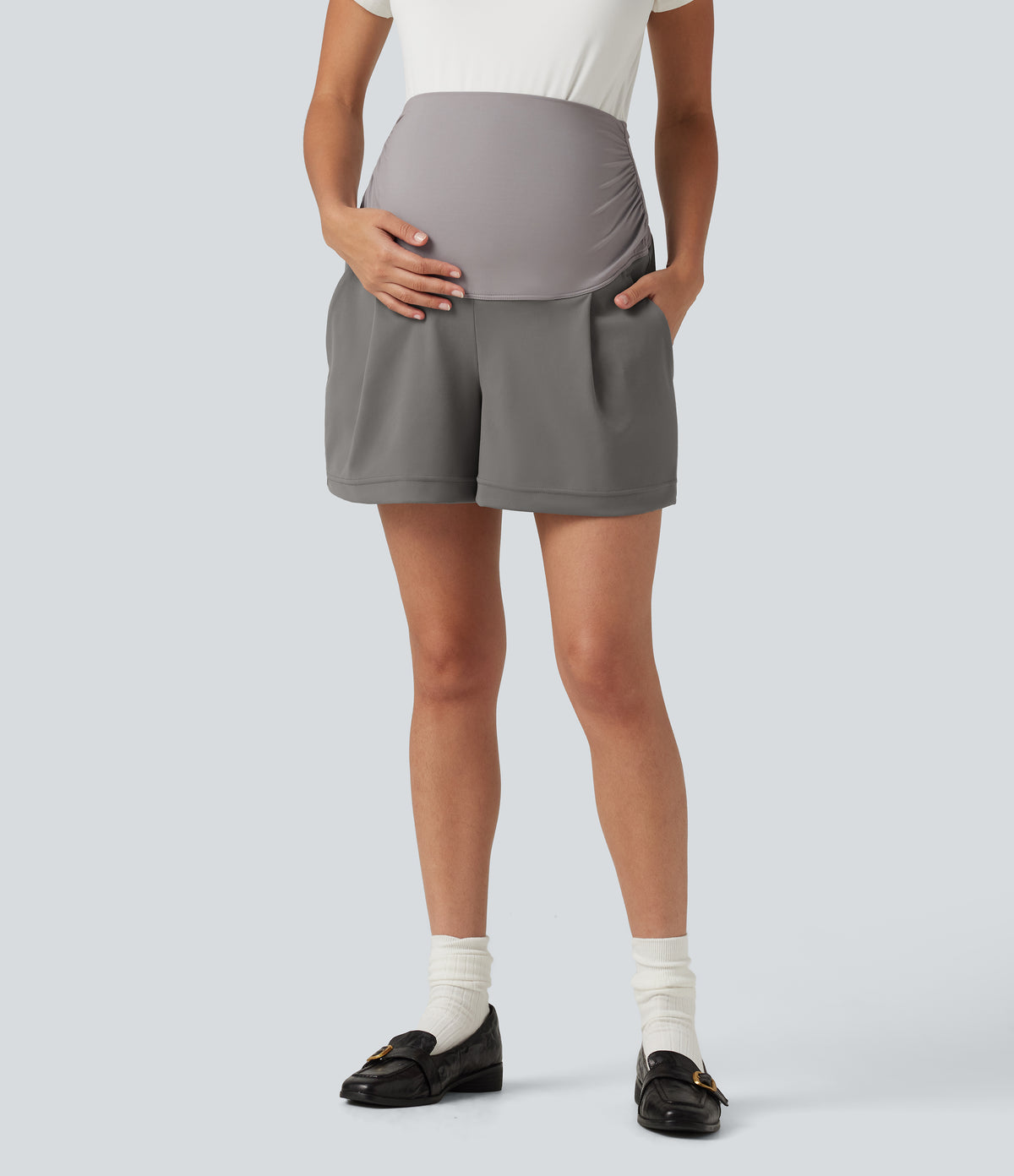 Super High Waisted Ruched Work Bagyy Maternity Shorts 4'' with Pockets — Silent Storm — view 3