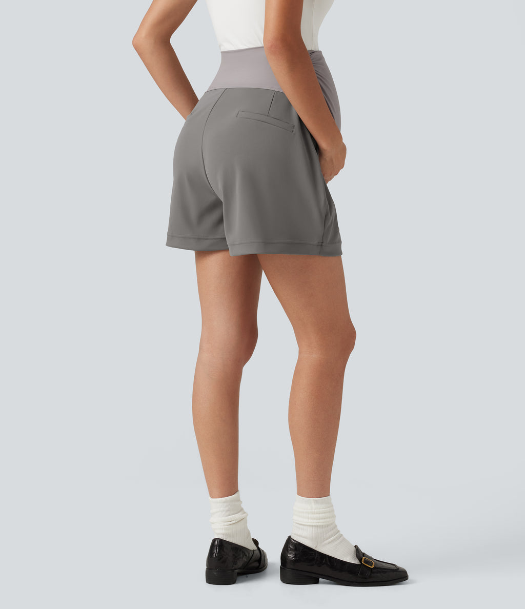 Super High Waisted Ruched Work Bagyy Maternity Shorts 4'' with Pockets — Silent Storm — view 2