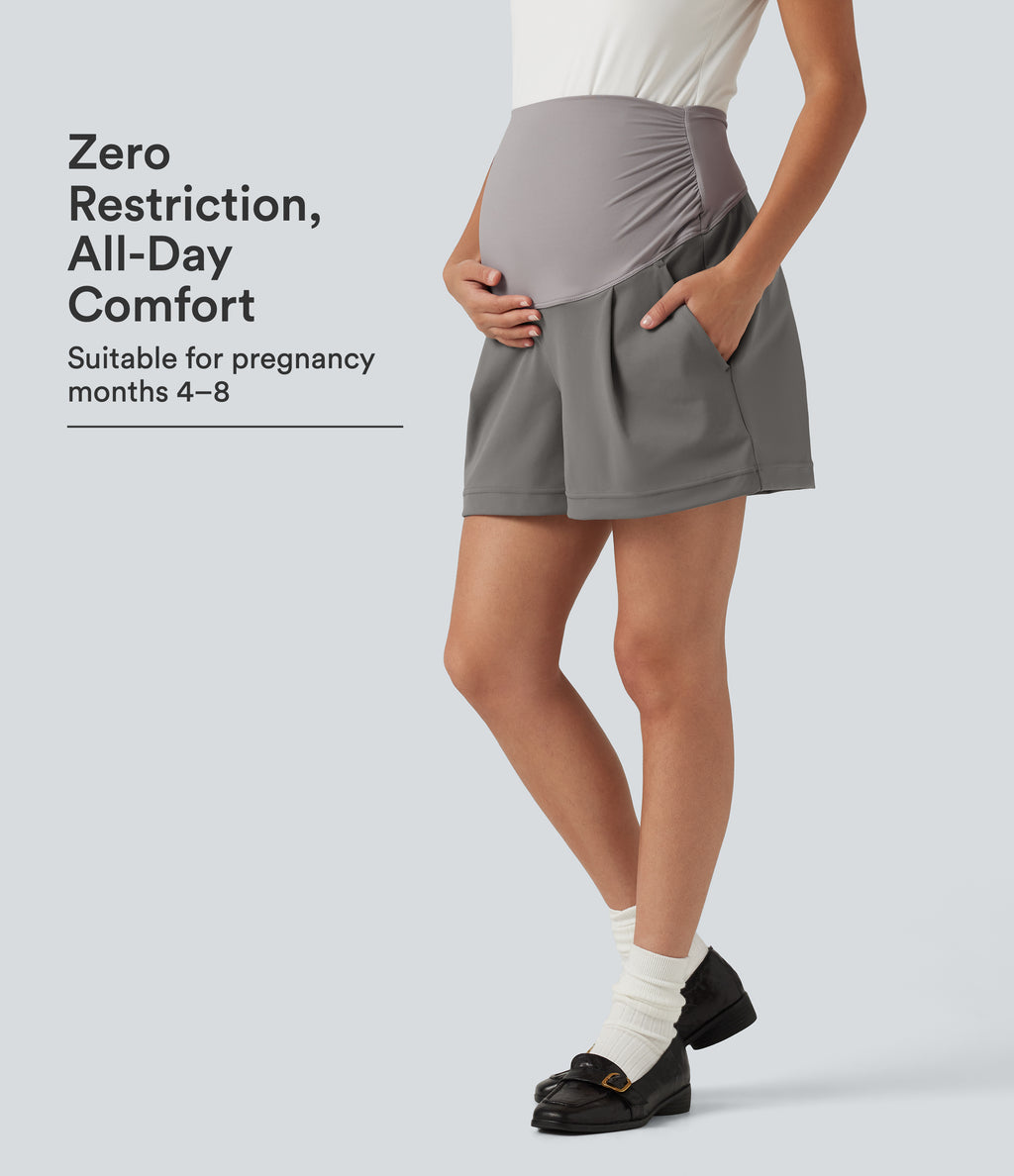 Super High Waisted Ruched Work Bagyy Maternity Shorts 4'' with Pockets — Silent Storm — view 1