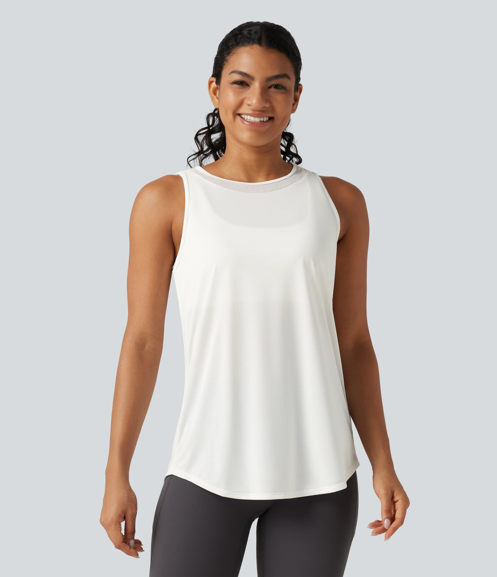 Contrast Mesh Curved Hem Running Tank Top-Longer Length — White — view 2