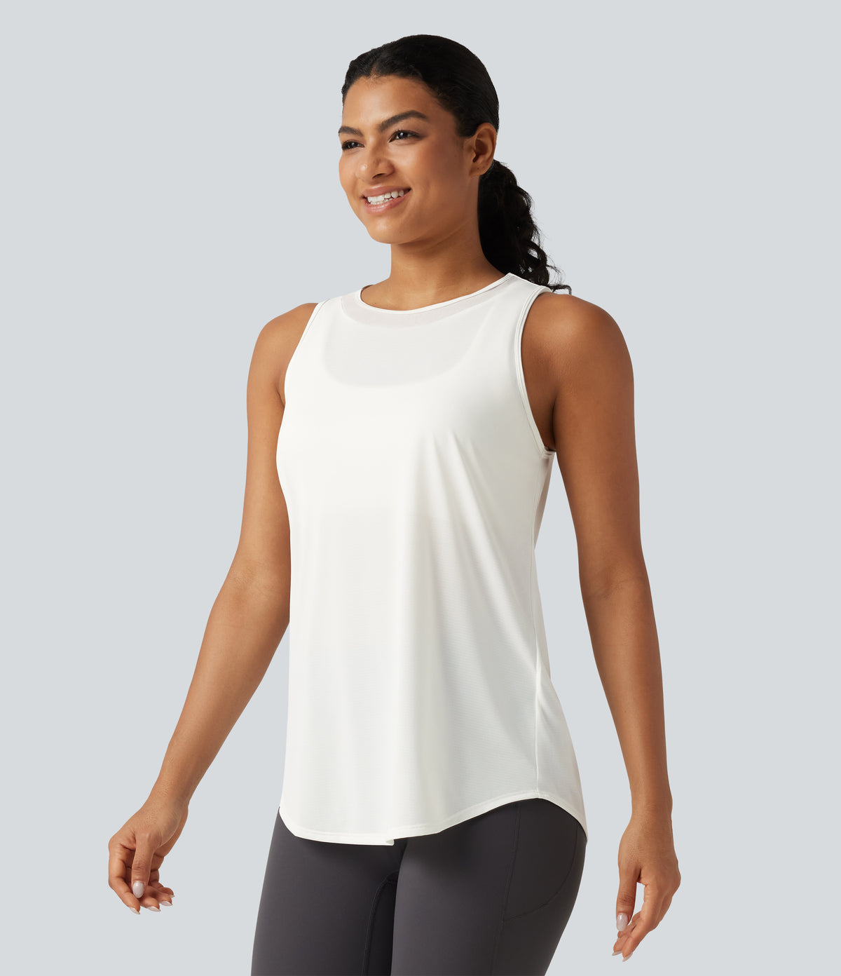 Contrast Mesh Curved Hem Running Tank Top-Longer Length — White — view 3