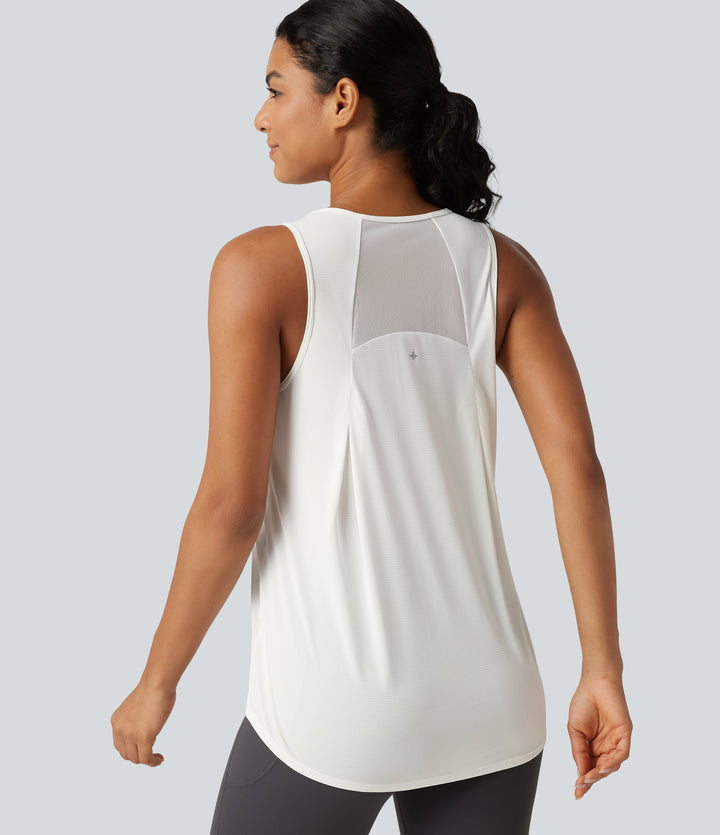 Contrast Mesh Curved Hem Running Tank Top-Longer Length — White — view 1
