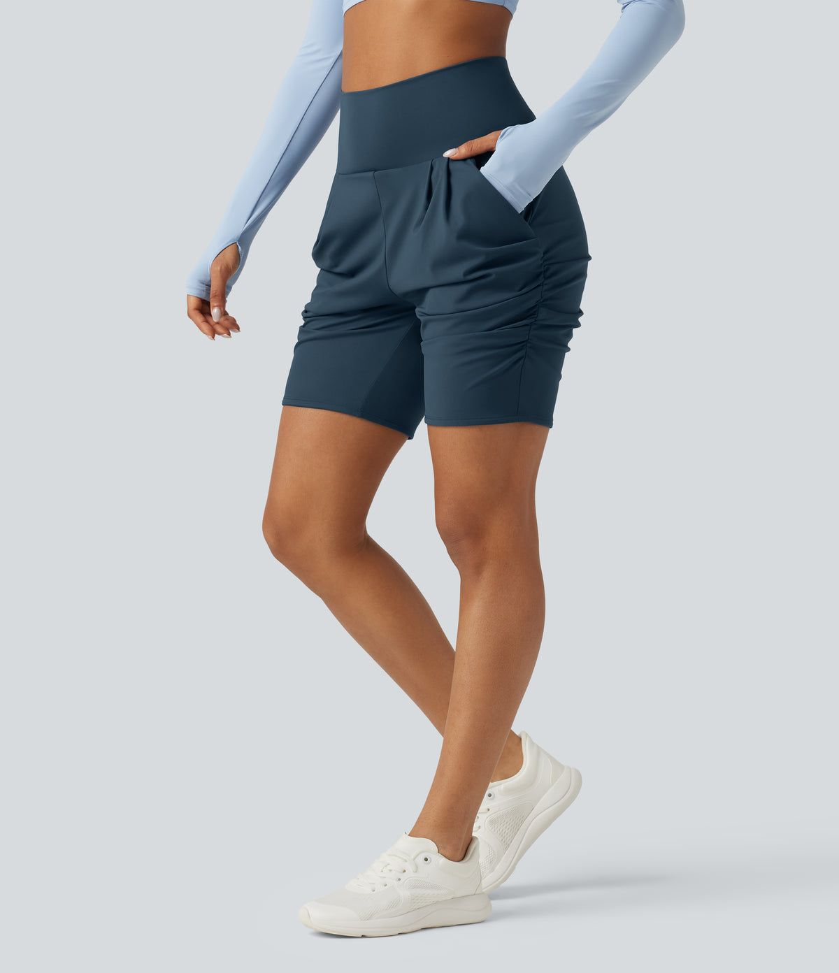 Airy High Waisted Ruched InstantCool Yoga Shorts 7'' with Pockets — Majolica Blue — view 4