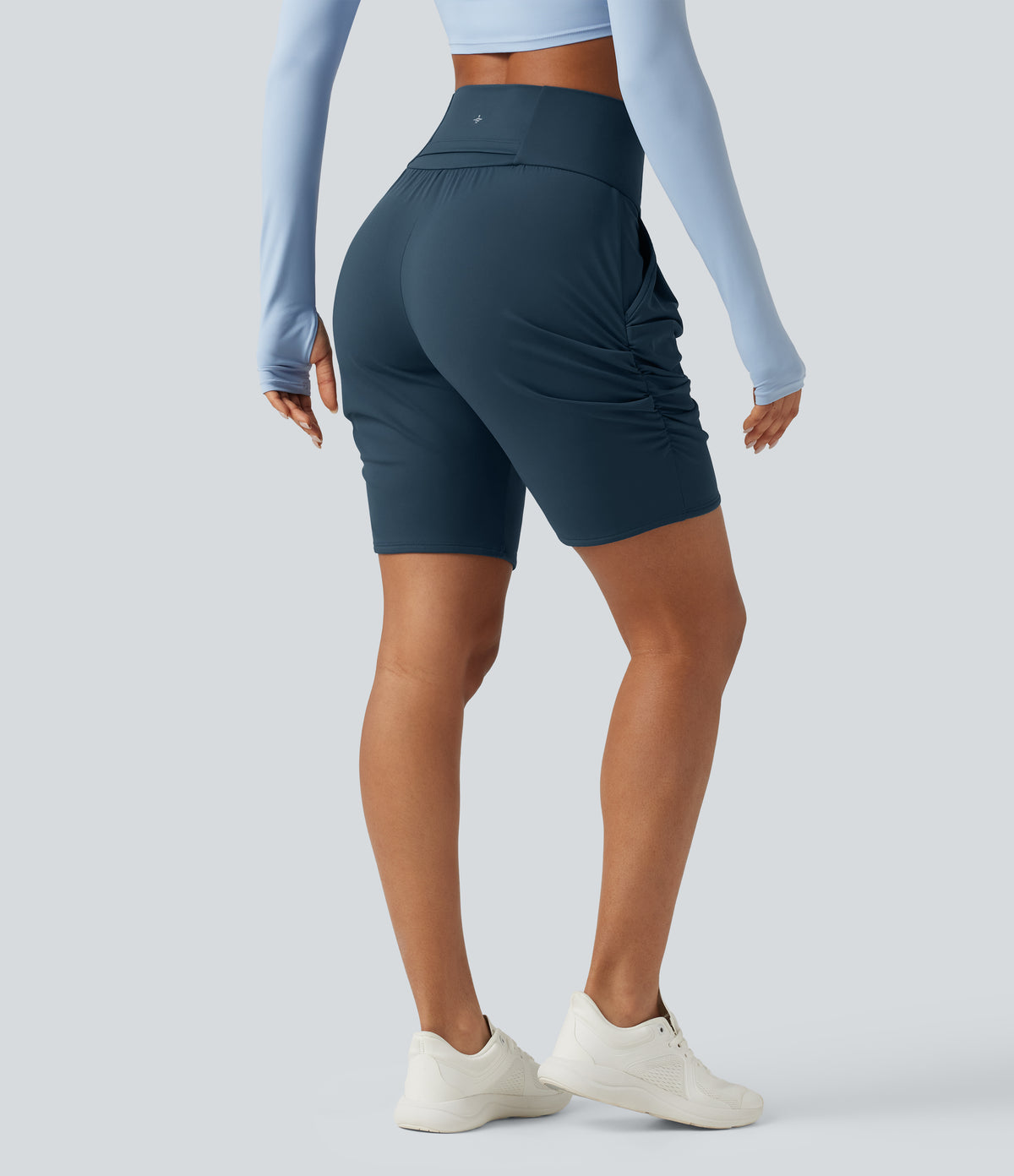 Airy High Waisted Ruched InstantCool Yoga Shorts 7'' with Pockets — Majolica Blue — view 3