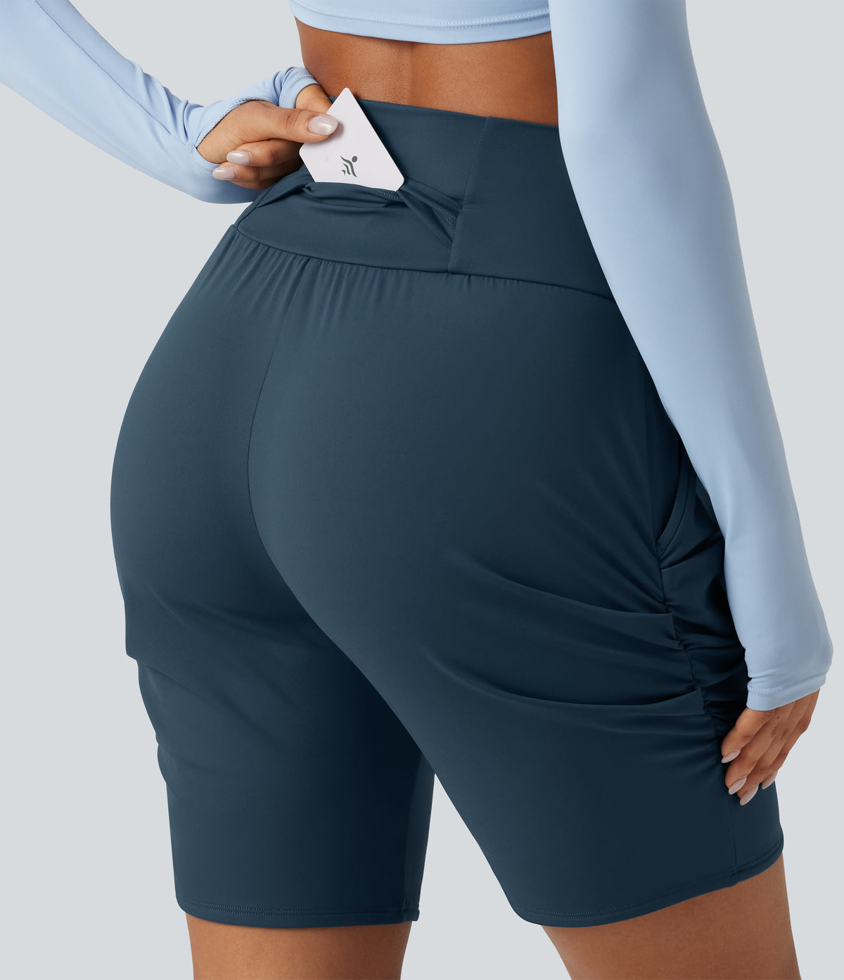 Airy High Waisted Ruched InstantCool Yoga Shorts 7'' with Pockets — Majolica Blue — view 5