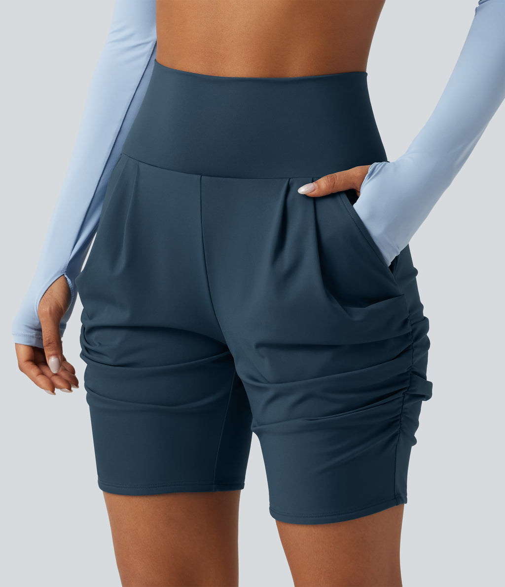 Airy High Waisted Ruched InstantCool Yoga Shorts 7'' with Pockets — Majolica Blue — view 6