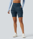 Airy High Waisted Ruched InstantCool Yoga Shorts 7'' with Pockets — Majolica Blue — view 1