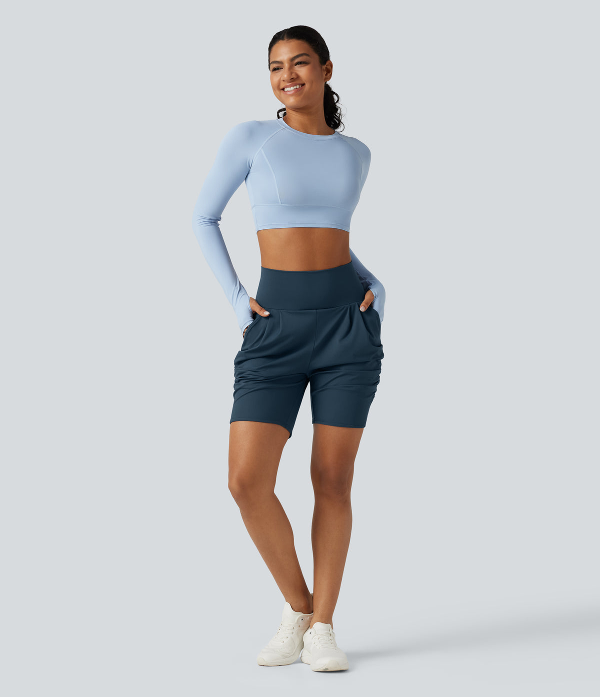 Airy High Waisted Ruched InstantCool Yoga Shorts 7'' with Pockets — Majolica Blue — view 8