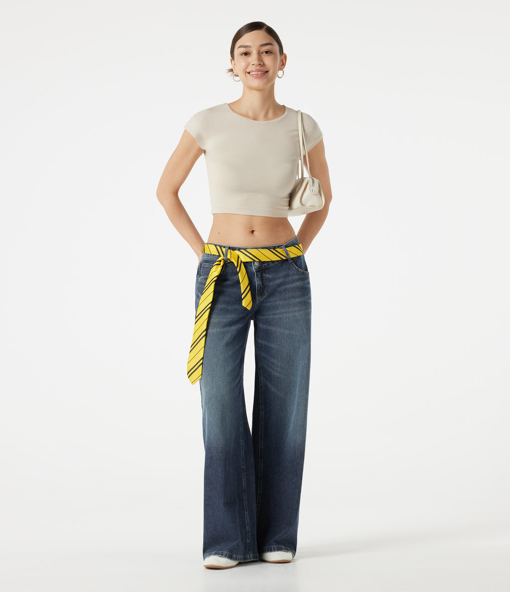 Asymmetric Low Rise Baggy Washed Casual Jeans with Pockets — Mottled Dark Blue Denim — view 7