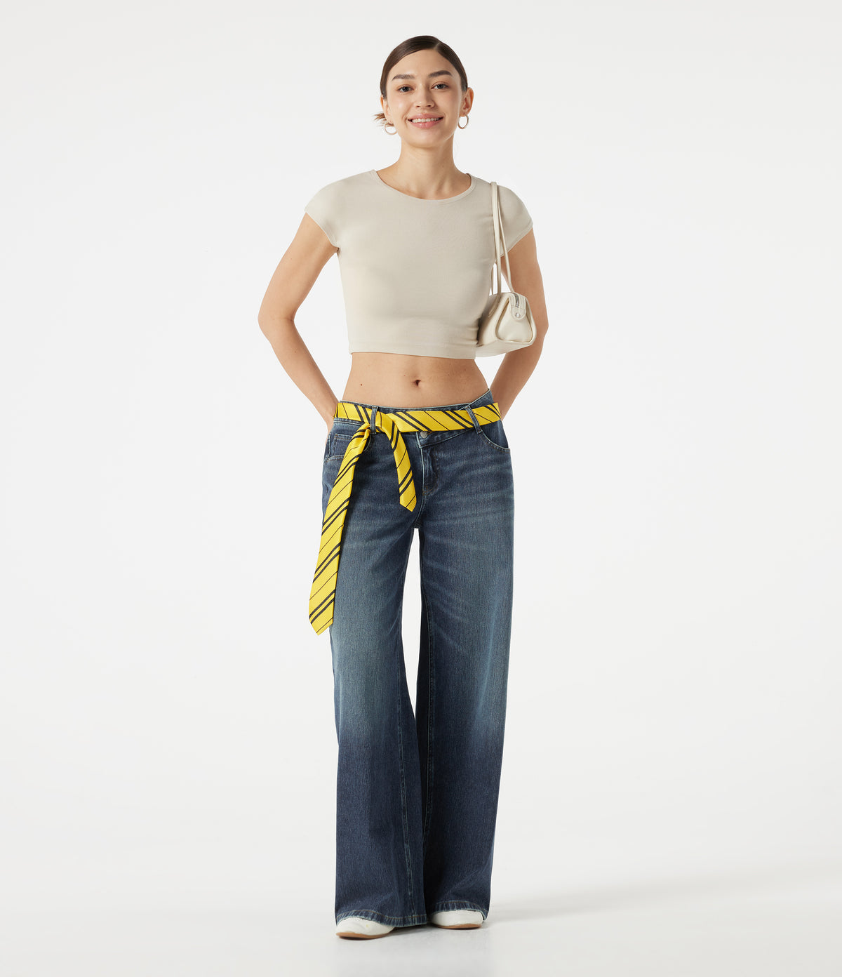Asymmetric Low Rise Baggy Washed Casual Jeans with Pockets — Mottled Dark Blue Denim — view 7