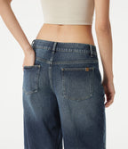 Asymmetric Low Rise Baggy Washed Casual Jeans with Pockets — Mottled Dark Blue Denim — view 4