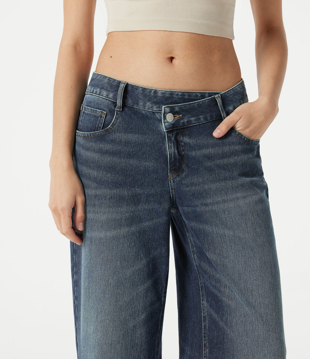 Asymmetric Low Rise Baggy Washed Casual Jeans with Pockets — Mottled Dark Blue Denim — view 5