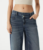 Asymmetric Low Rise Baggy Washed Casual Jeans with Pockets — Mottled Dark Blue Denim — view 5