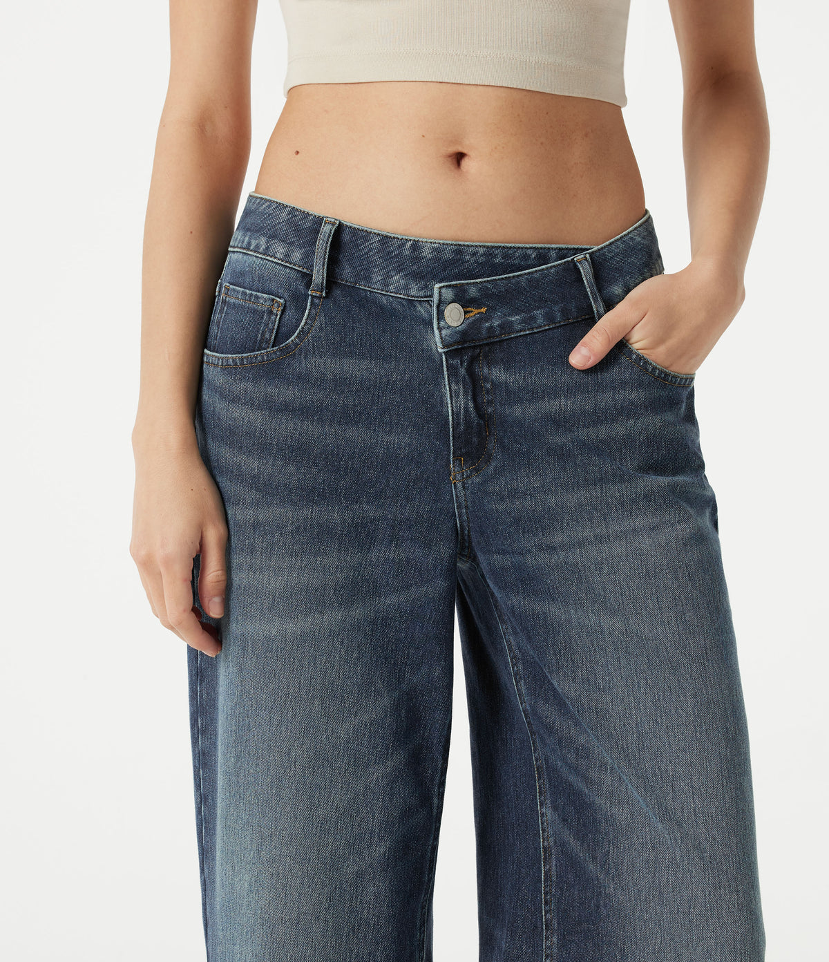 Asymmetric Low Rise Baggy Washed Casual Jeans with Pockets — Mottled Dark Blue Denim — view 5