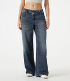 Asymmetric Low Rise Baggy Washed Casual Jeans with Pockets — Mottled Dark Blue Denim — view 1