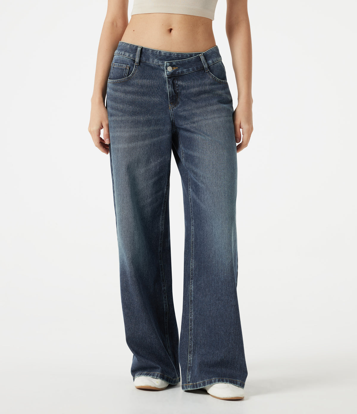 Asymmetric Low Rise Baggy Washed Casual Jeans with Pockets — Mottled Dark Blue Denim — view 1