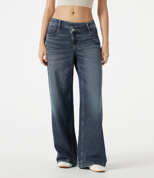 Asymmetric Low Rise Baggy Washed Casual Jeans with Pockets — Mottled Dark Blue Denim — view 1