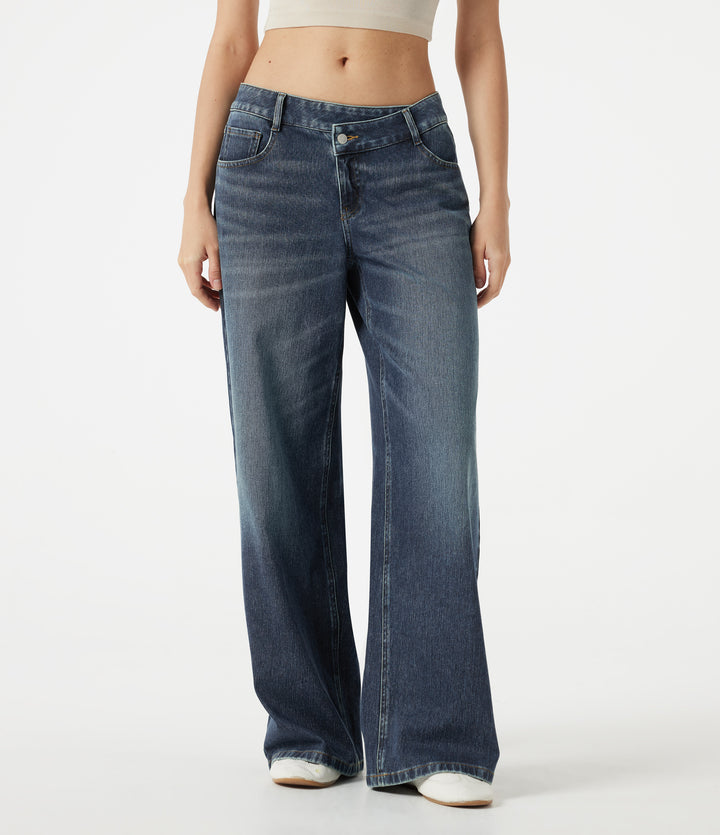 Asymmetric Low Rise Baggy Washed Casual Jeans with Pockets — Mottled Dark Blue Denim — view 1
