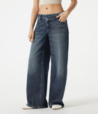 Asymmetric Low Rise Baggy Washed Casual Jeans with Pockets — Mottled Dark Blue Denim — view 3