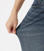 Asymmetric Low Rise Baggy Washed Casual Jeans with Pockets — Mottled Dark Blue Denim — view 6