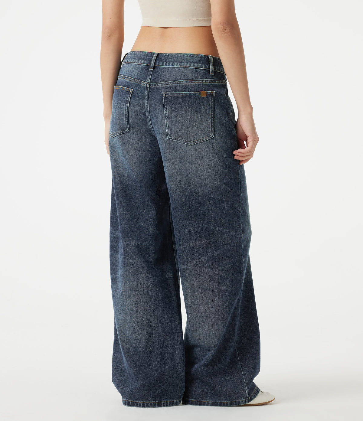 Asymmetric Low Rise Baggy Washed Casual Jeans with Pockets — Mottled Dark Blue Denim — view 2