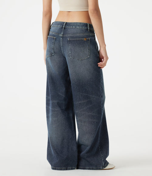 Asymmetric Low Rise Baggy Washed Casual Jeans with Pockets — Mottled Dark Blue Denim — view 2