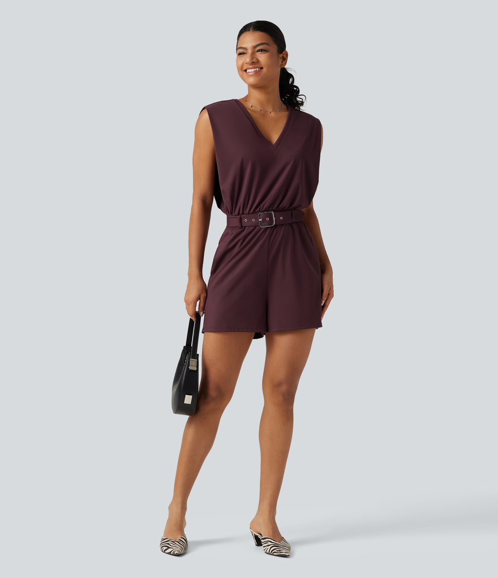 Airy V Neck Sleeveless Belted InstantCool Casual Playsuit with Pockets-Edition — Berry Red — view 8
