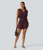 Airy V Neck Sleeveless Belted InstantCool Casual Playsuit with Pockets-Edition — Berry Red — view 8