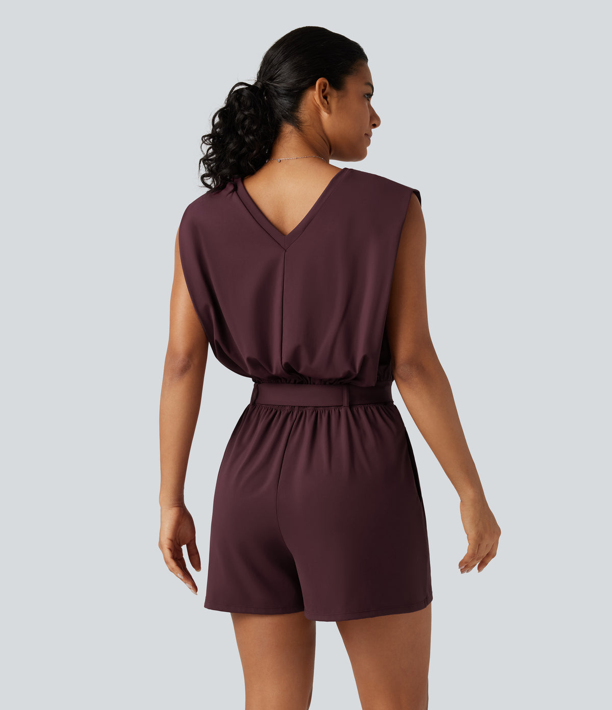 Airy V Neck Sleeveless Belted InstantCool Casual Playsuit with Pockets-Edition — Berry Red — view 2