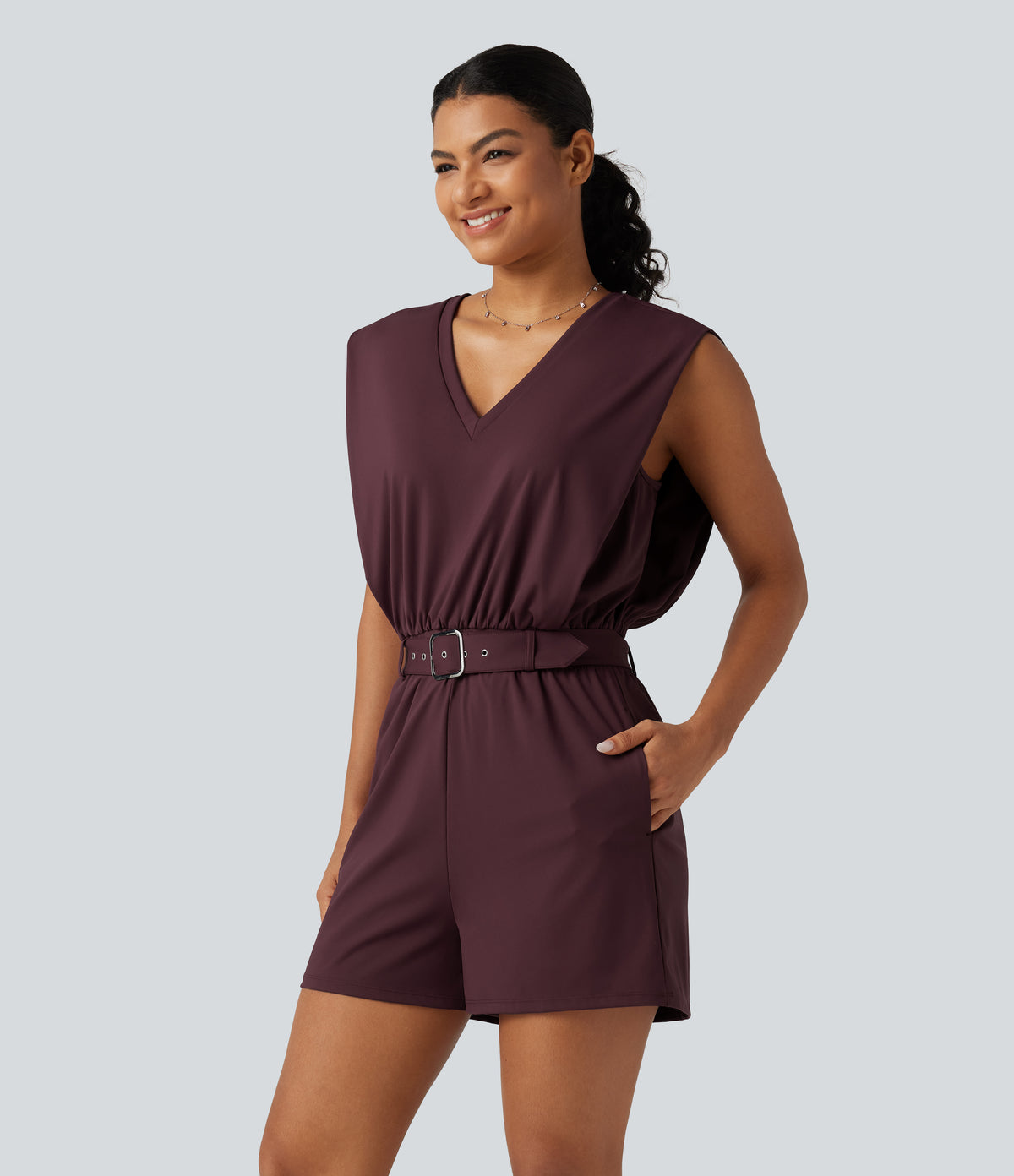 Airy V Neck Sleeveless Belted InstantCool Casual Playsuit with Pockets-Edition — Berry Red — view 3