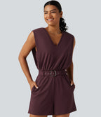 Airy V Neck Sleeveless Belted InstantCool Casual Playsuit with Pockets-Edition — Berry Red — view 4