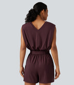 Airy V Neck Sleeveless Belted InstantCool Casual Playsuit with Pockets-Edition — Berry Red — view 5
