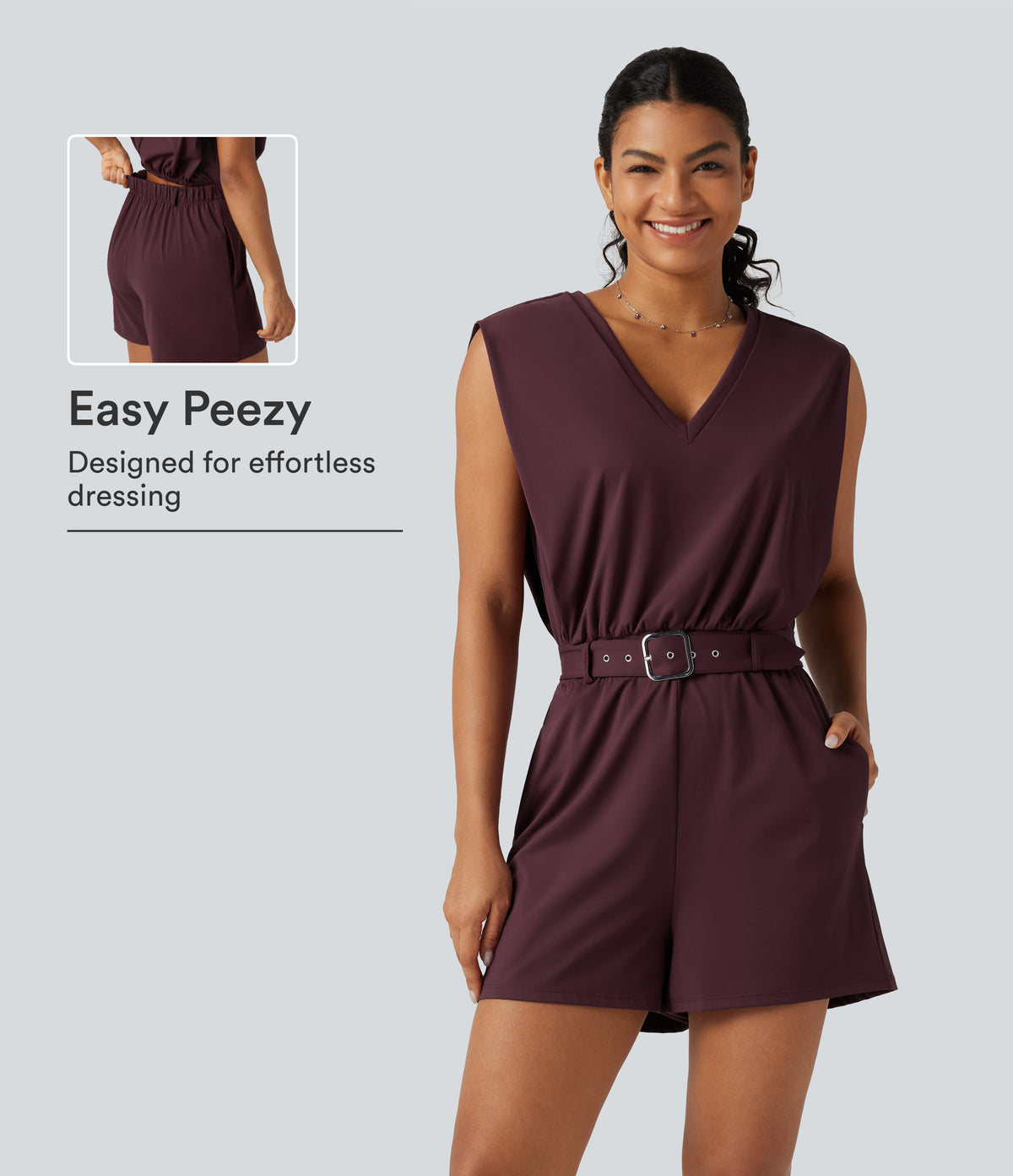 Airy V Neck Sleeveless Belted InstantCool Casual Playsuit with Pockets-Edition — Berry Red — view 1