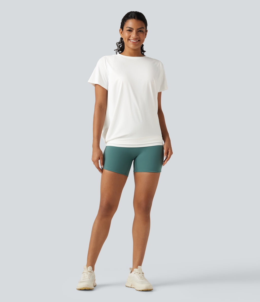 Round Neck Short Sleeve Ruched InstantCool Yoga Sports Top-Longer Length-UPF50+ — White — view 7